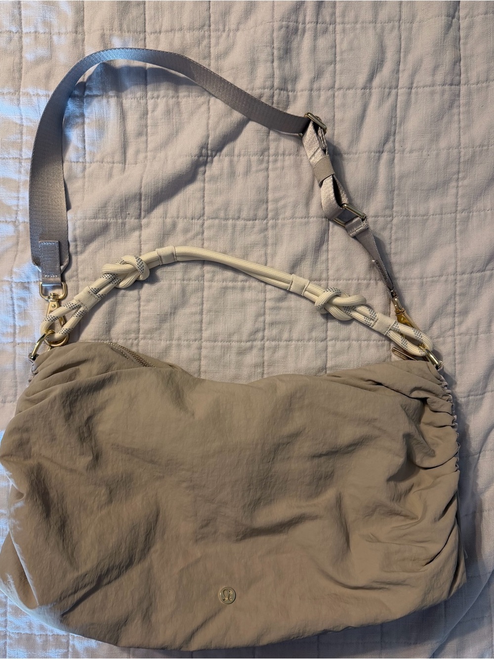 lululemon athletica taupe shoulder bag with cream knotted handle